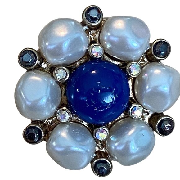 Vintage Clip-On Earrings With Faux Pearls & Blue Cabochons - Picture 3 of 6